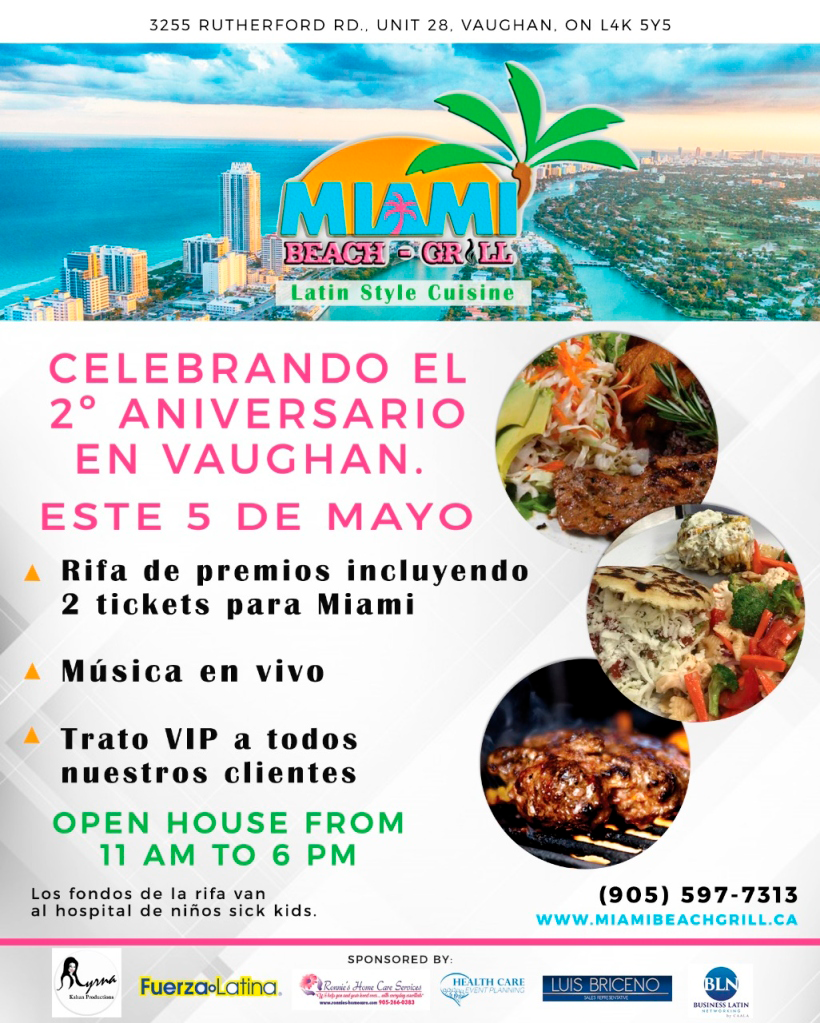 La Portada te regala gratis  entradas para asistir al 2º Aniversario de Miami Beach Gril en Vaughan